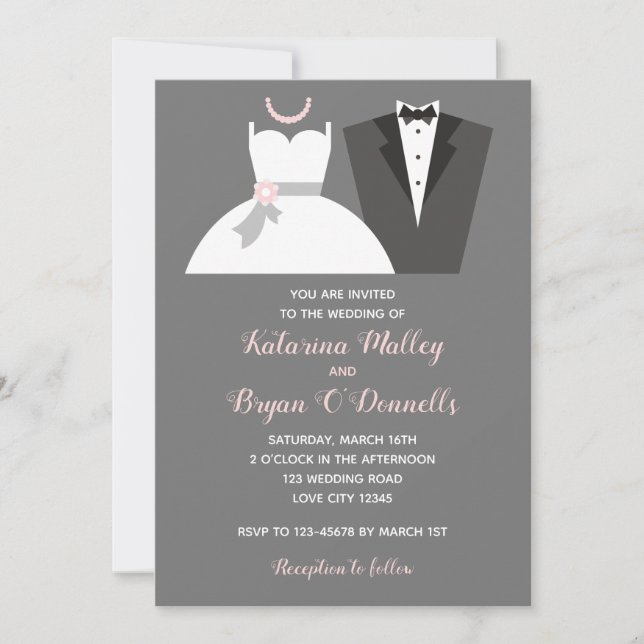 Invitations de mariage rose noir et blanc Tuxedo G (Devant)