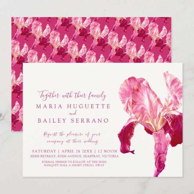 Invitations de mariage rose rouge d'Iris (Devant / Derrière)
