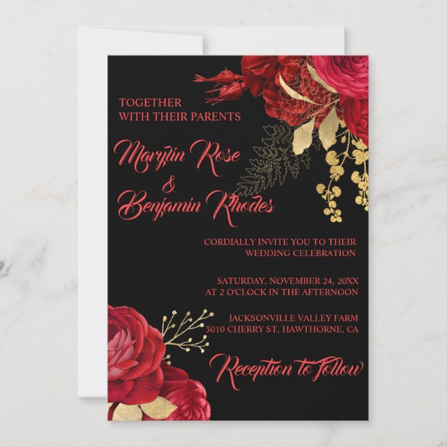 INVITATIONS DE MARIAGE ROSE ROUGE ET OR (Devant)