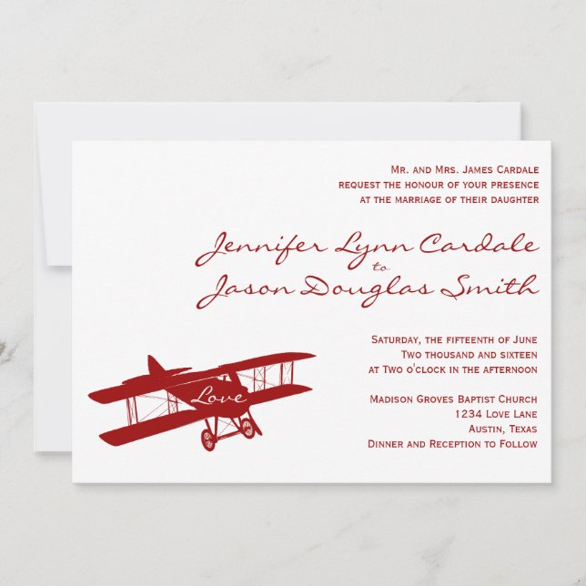 Invitations de mariage rouge à l'aviateur de bipla (Devant)