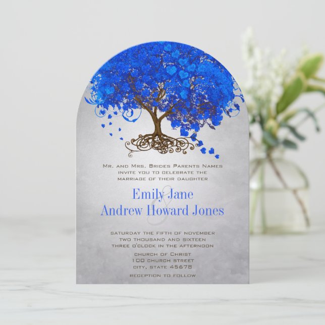 Invitations de mariage Royal Blue Heart Leaf Tree (Debout devant)