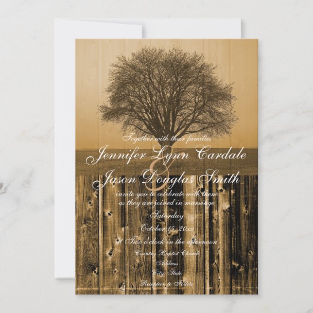 Invitations de mariage rustique en bois de l'arbre (Devant)