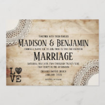 Invitations de mariage rustique en bois et dentell