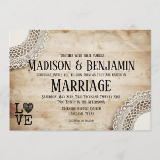 Invitations de mariage rustique en bois et dentell