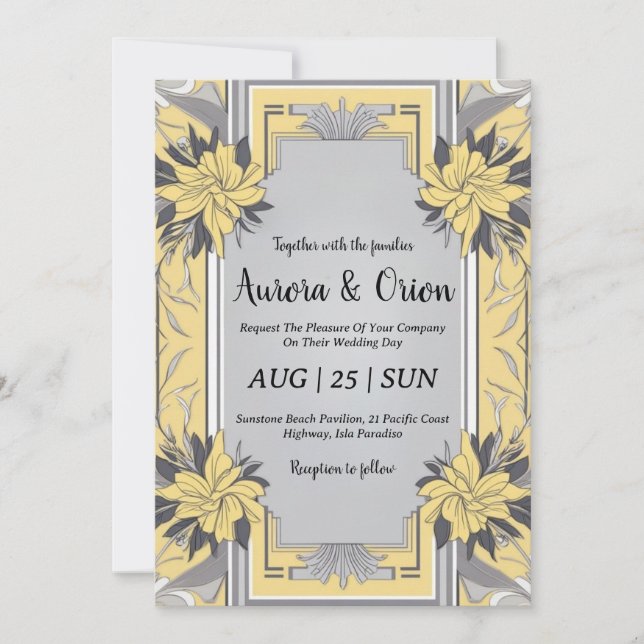 invitations de mariage simple jaune et gris (Devant)