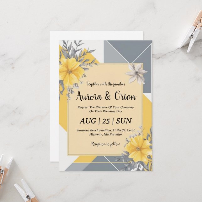 invitations de mariage simple jaune et gris (Devant/Arrière en situation)