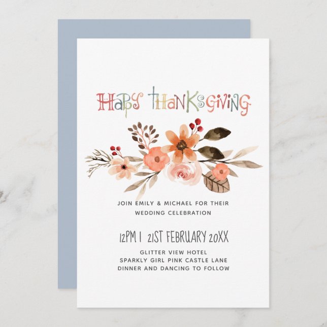 Invitations de mariage Thanksgiving Dusty Blue Ora (Devant / Derrière)