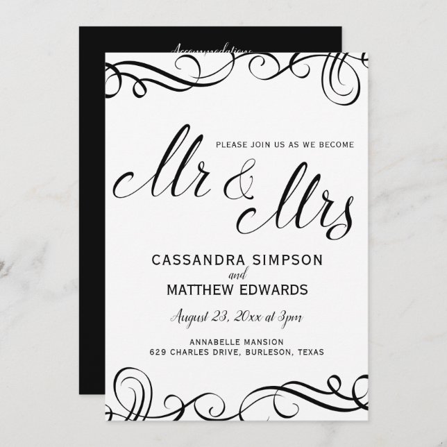 Invitations de mariage tout en un | Noir (Devant / Derrière)