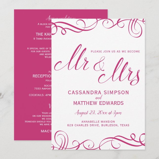 Invitations de mariage tout en un | Rose chaud (Devant / Derrière)
