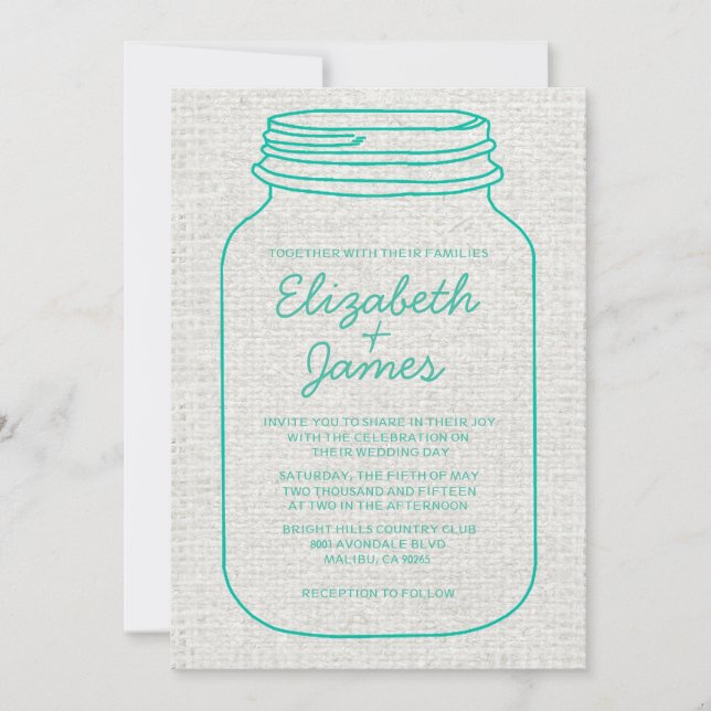 Invitations de mariage turquoise de Mason Jar (Devant)