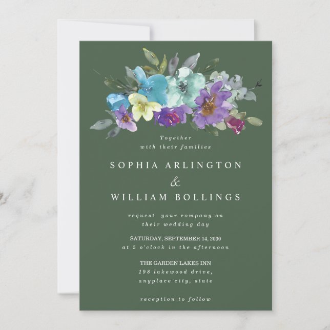 Invitations de mariage Turquoise et vert violet (Devant)