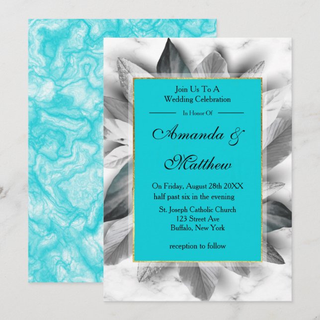 Invitations de mariage Turquoise noir et marbre d' (Devant / Derrière)