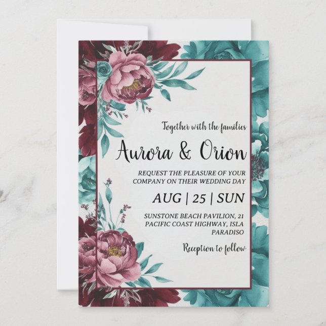 Invitations de mariage turquoises et bordeaux (Devant)