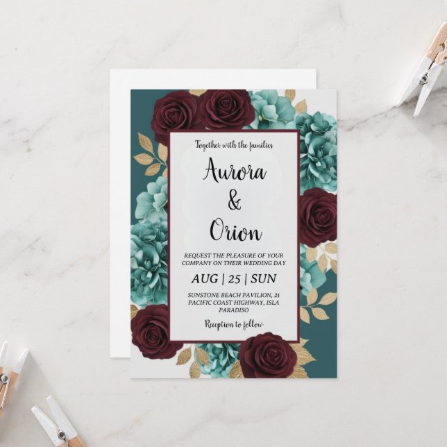 Invitations de mariage turquoises et bordeaux (Devant/Arrière en situation)