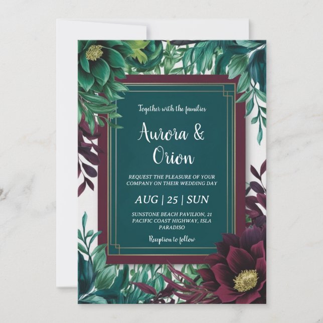 Invitations de mariage turquoises et bordeaux (Devant)