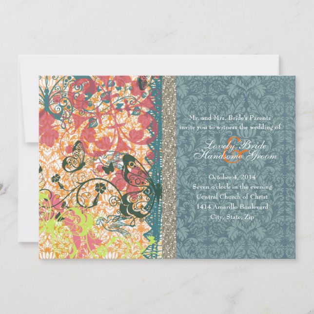 Invitations de mariage tzigane orange Bleu Boho (Devant)