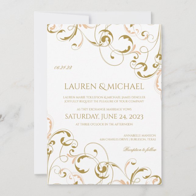 Invitations de mariage unique Peach & Gold | Fils (Devant)