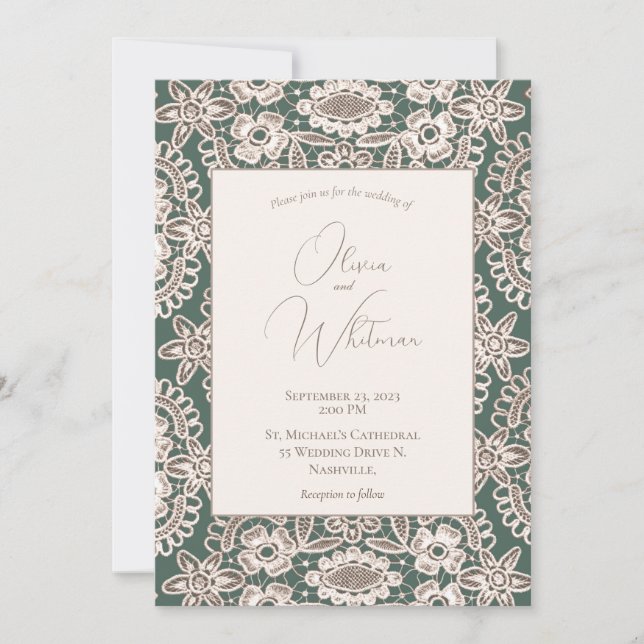Invitations de mariage vert de dentelle rustique (Devant)