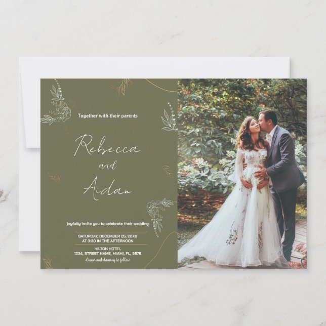 Invitations de mariage vert foncé avec photo (Devant)