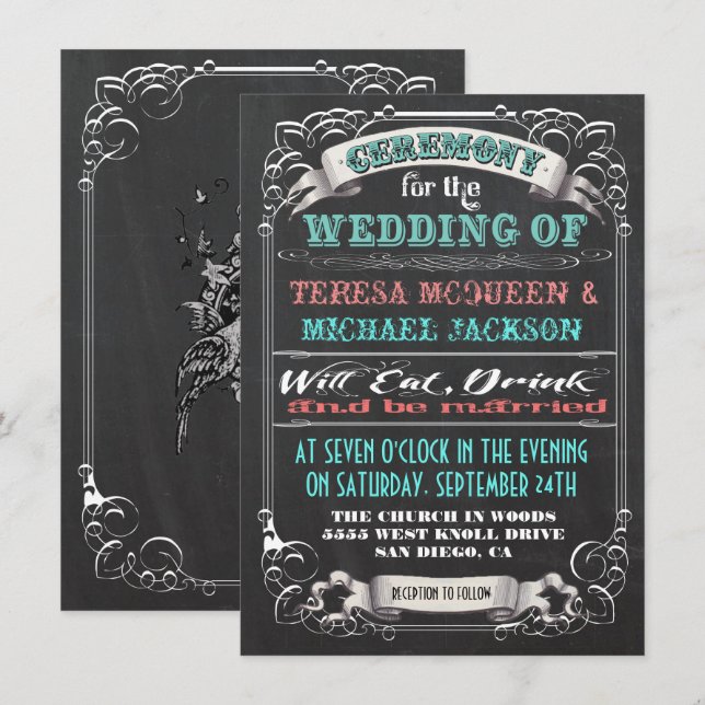Invitations de mariage Vintage Blackboard (Devant / Derrière)