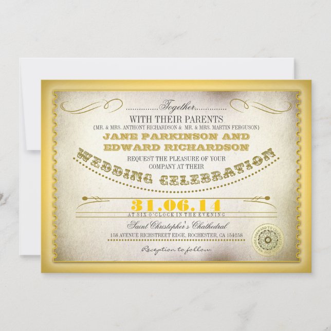 Invitations de mariage vintage jaune - billets (Devant)