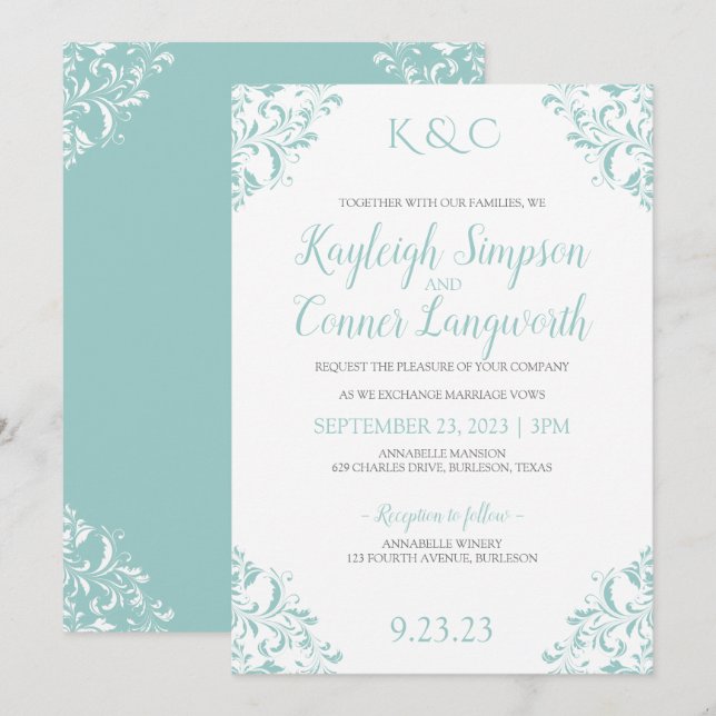 Invitations de mariage vintage | Turquoise Turquoi (Devant / Derrière)