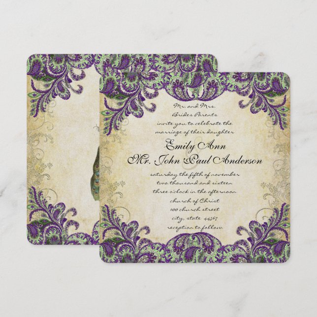 Invitations de mariage violet et vert paon (Devant / Derrière)
