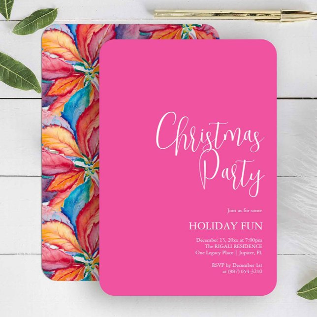 Invitations de Noël personnalisés Fuchsia Pink (Pink Christmas party invitation features unique poinsettia watercolor art by Victoria Grigaliunas)