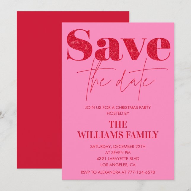 Invitations de Noël Sauvez la date Rose (Devant / Derrière)