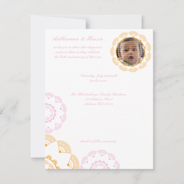 Invitations de noms de bébés PInk et Yellow Namkar (Devant)