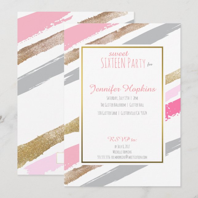 Invitations de parties à rayures rose, or et gris (Devant / Derrière)