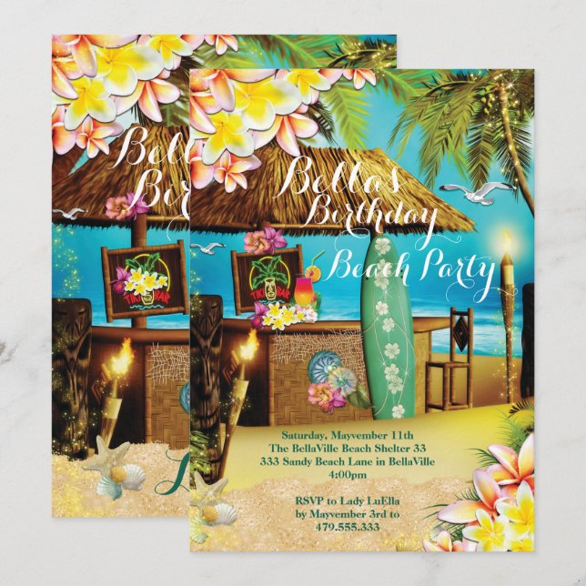 Invitations de plage et de fête de Luau (Devant / Derrière)