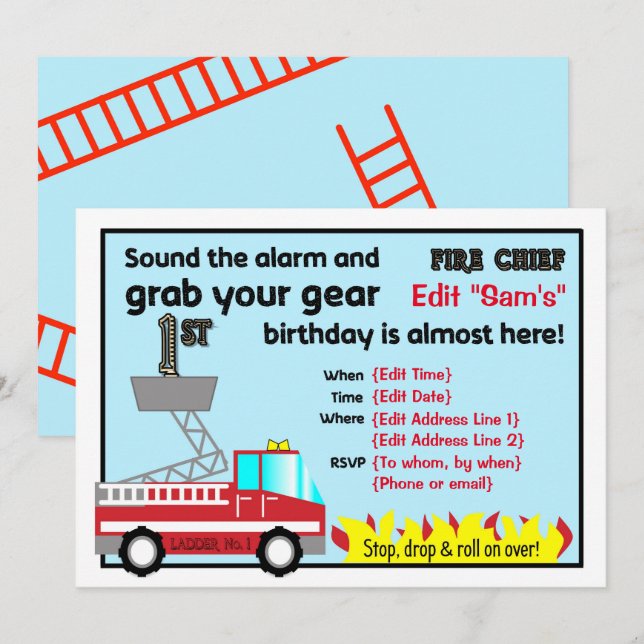 Invitations de pompiers pour 1er anniversaire Pomp (Devant / Derrière)