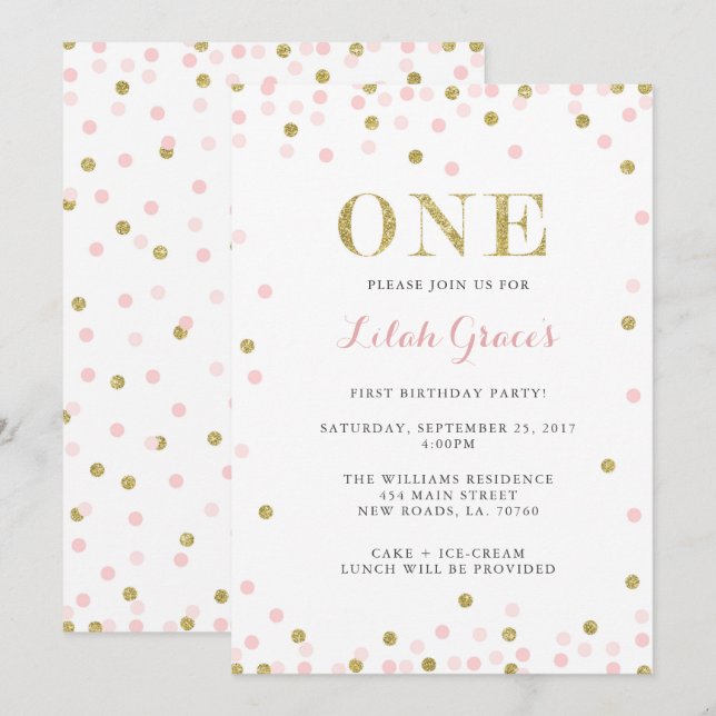 Invitations de premier anniversaire rose et or (Devant / Derrière)