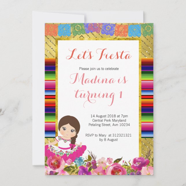 Invitations de première anniversaire de fille mexi (Devant)