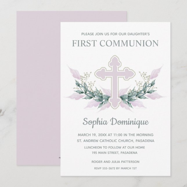 Invitations de première communion rose florale (Devant / Derrière)