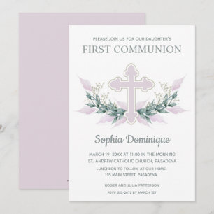 Invitations de première communion rose florale