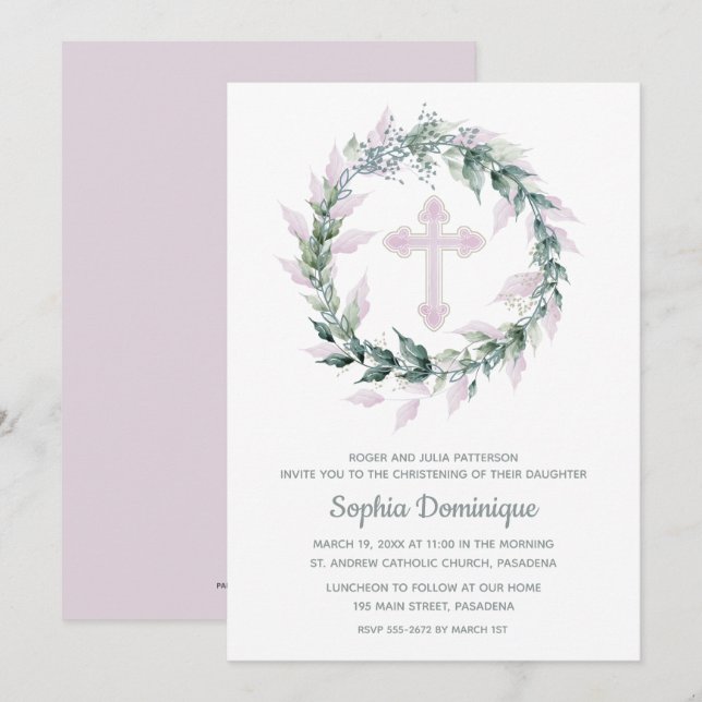 Invitations de première communion Wreath Pink (Devant / Derrière)