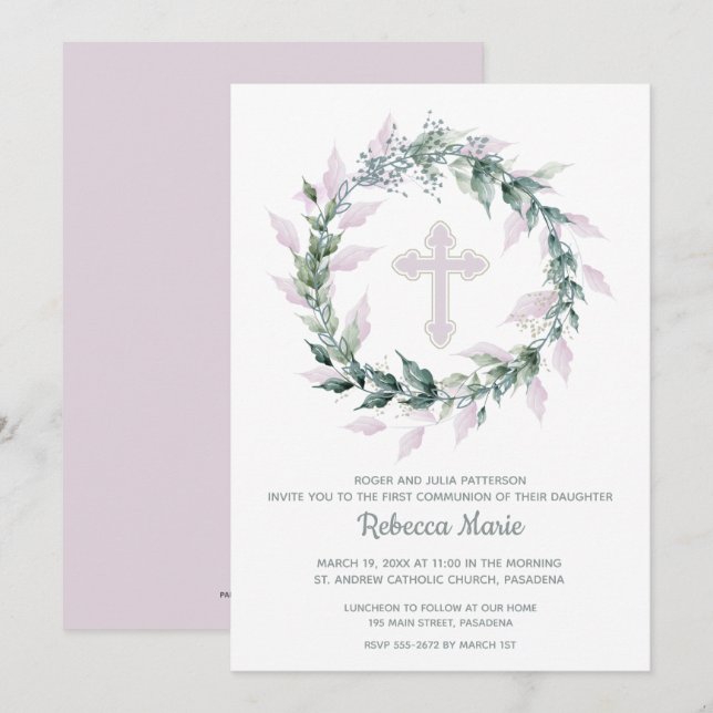 Invitations de première communion Wreath Pink (Devant / Derrière)