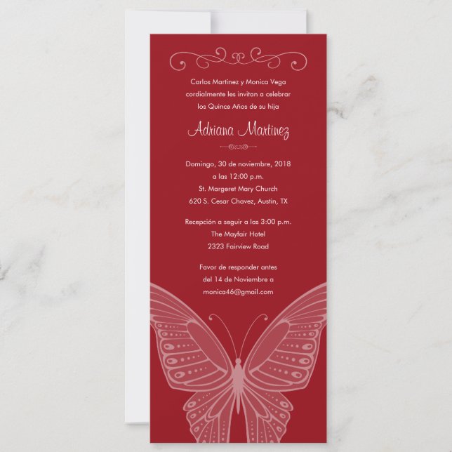 Invitations de Quinceanera à papillon rouge (Devant)
