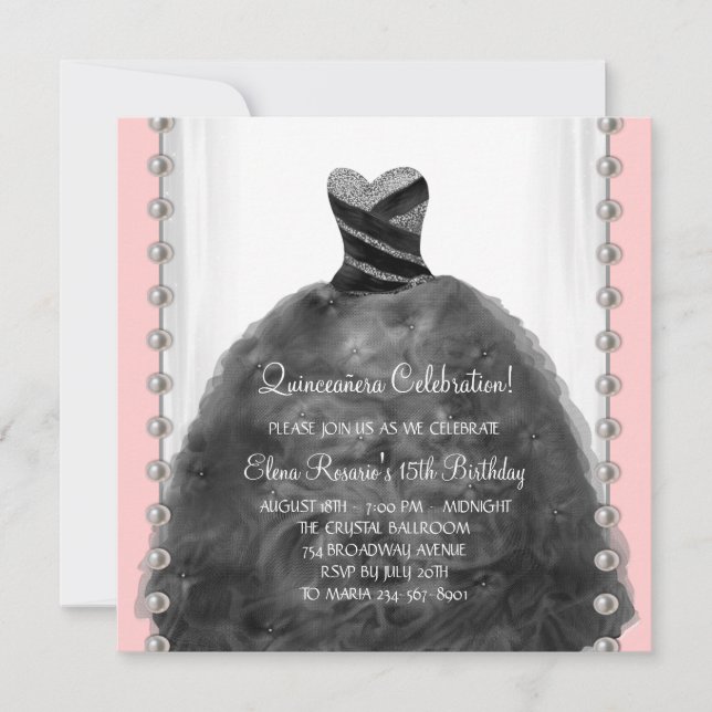Invitations de Quinceanera corail rose et noir (Devant)