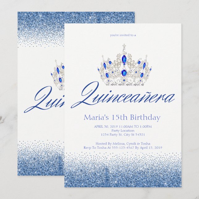 Invitations de Quinceañera de saphir et de diamant (Devant / Derrière)