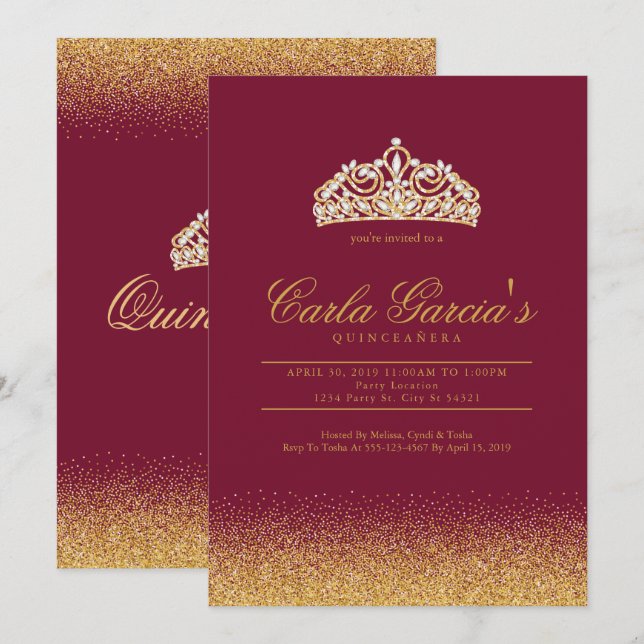 Invitations de Quinceanera Gold & Sparling (Devant / Derrière)