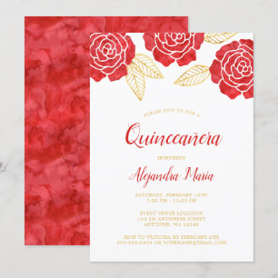 Invitations de Quinceanera Roses d'or rouge modern