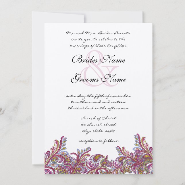 Invitations de Raspberry Paisley Mariage damassé (Devant)