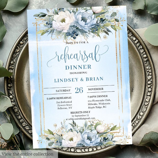 Invitations de répétition classique Dusty Blue Flo (Classic Dusty Blue White Floral Rehearsal Invitation)