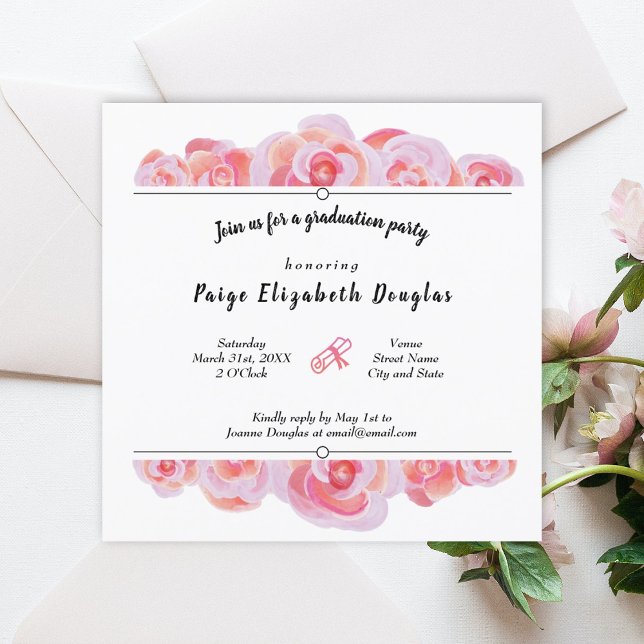 Invitations de Roses de Peach Pink (peach black botanical roses graduation party invitation pink diploma pink graduate grad flowers )