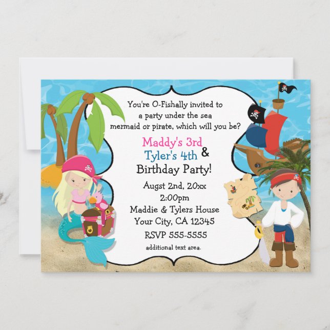 Invitations de Sirène et de Pirate Anniversaire (Devant)