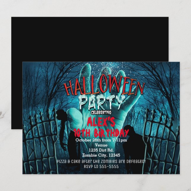 Invitations de soirée costumée Zombie Halloween (Devant / Derrière)