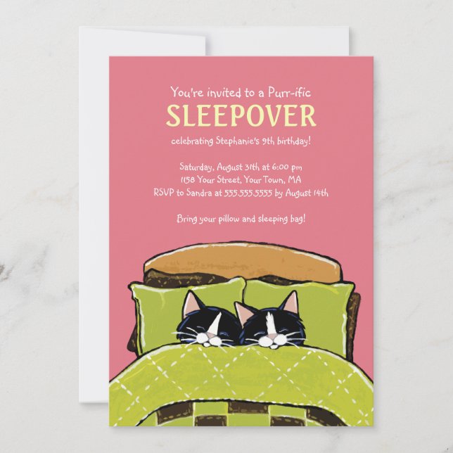 Invitations de soirée pyjamas de chaton de sommeil (Devant)